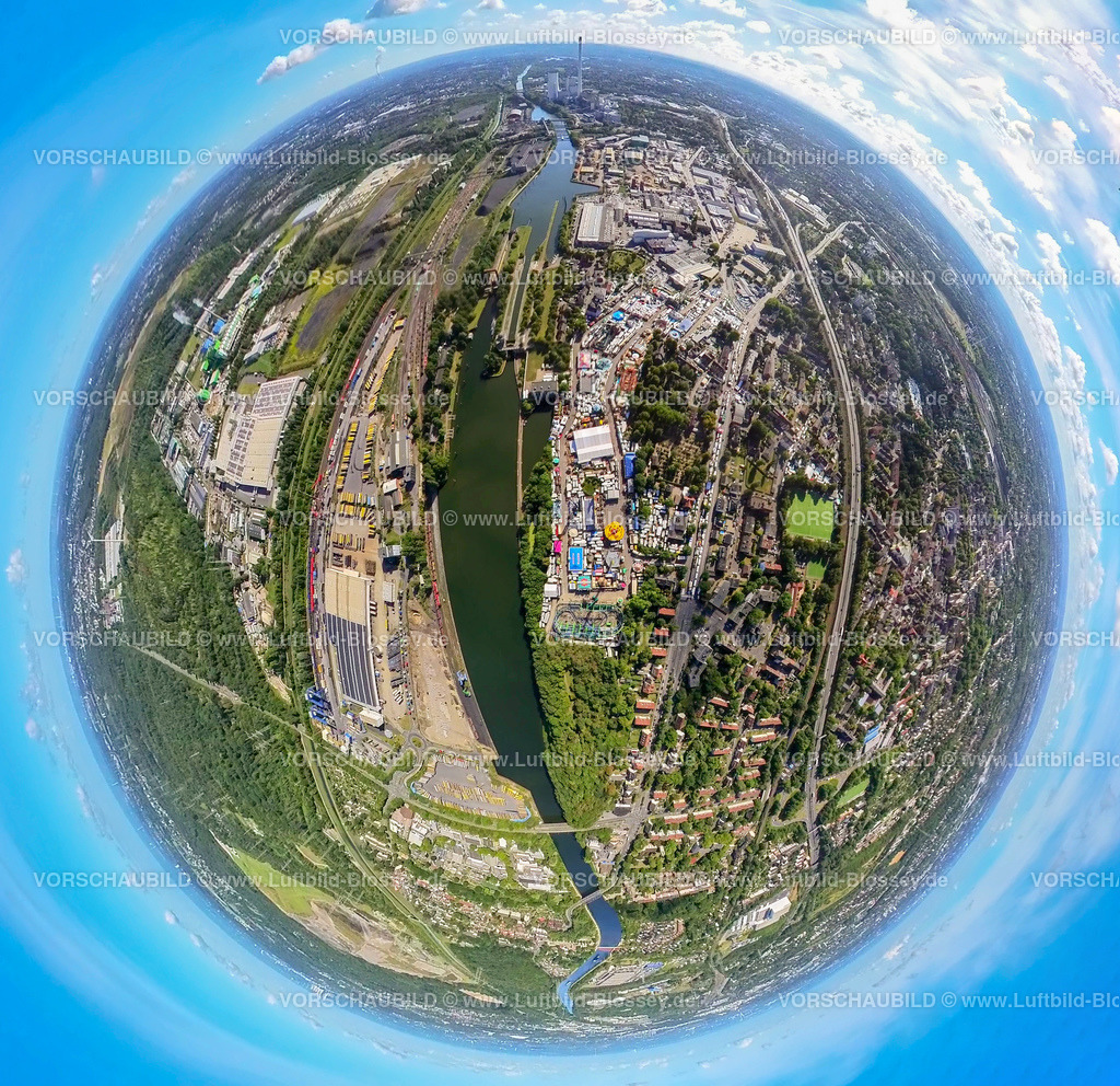 Herne20220806_CrangerKirmesRheinHerneKanal-2-127 | Luftbild, Cranger Kirmes am Rhein-Herne-Kanal und Neue Schleuse Herne Crange, CTH Container Terminal Herne Zugunglück, Fisheye Aufnahme, Fischaugen Aufnahme, 360 Grad Aufnahme, Unser Fritz, Herne, Ruhrgebiet, Nordrhein-Westfalen, Deutschland