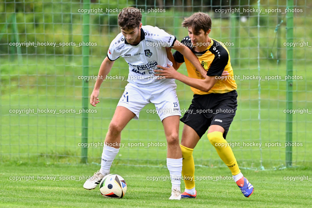SV Arnoldstein vs. ATUS Velden | #19 Manuel Guggenberger ATUS Velden, #13 Fabian Ortner SV Arnoldstein, SV Arnoldstein vs. ATUS Velden, SV Arnoldstein vs. ATUS Velden am 16.09.2025 in Arnoldstein (Waldparkstadion Arnoldstein), Austria, (Photo by Bernd Stefan)