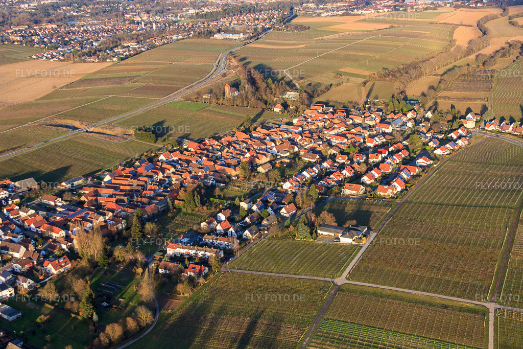 Luftbild: Dorfansicht im Winter aus Südwesten im Ortsteil Wollmesheim in Landau im Bundesland Rheinland-Pfalz in Deutschland. Foto: IMG_62209.jpg vom 23.02.2014 durch Werner Riehm/FLY-FOTO.de