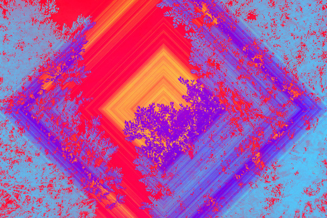 Overgrowth (Liminal Space Series) - 3D Effects | In the Liminal Space series, the concept of a traditional landscape is dismantled and rebuilt into an imagined alien topography. The vivid colors drawn into abstraction create a mysterious mood that hovers on the edge of recognition. Organic shapes resembling the sun, trees and clouds, or fields and waters seen from above bleed into triangles, oval shapes, cubes and fractured rays of light. The viewer witnesses a beautiful fantasy world detached from, but possibly parallel to our own. This is a preview image. The original has a resolution of 10630 x 7087 px. - Realisiert mit Pictrs.com