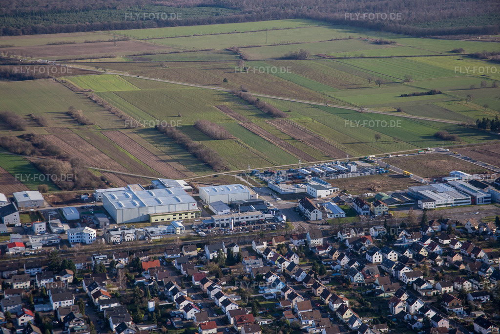 Luftbild: Gewerbegebiet Industriestr im Ortsteil Mörsch in Rheinstetten im Bundesland Baden-Württemberg in Deutschland. Foto: IMG_085962.jpg vom 06.02.2016 durch Werner Riehm/FLY-FOTO.de