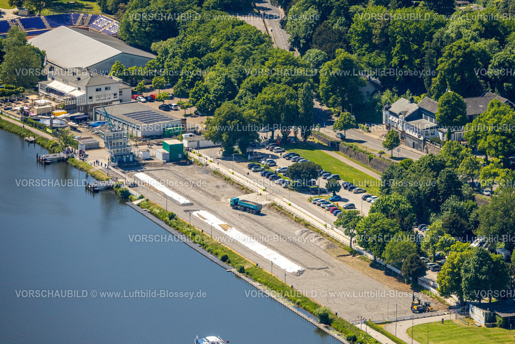Essen250508087 | Luftbild, Baustelle mit Neubau Regattatribüne am Regattahaus und der Regattastrecke am Baldeneysee, Bredeney, Essen, Ruhrgebiet, Nordrhein-Westfalen, Deutschland