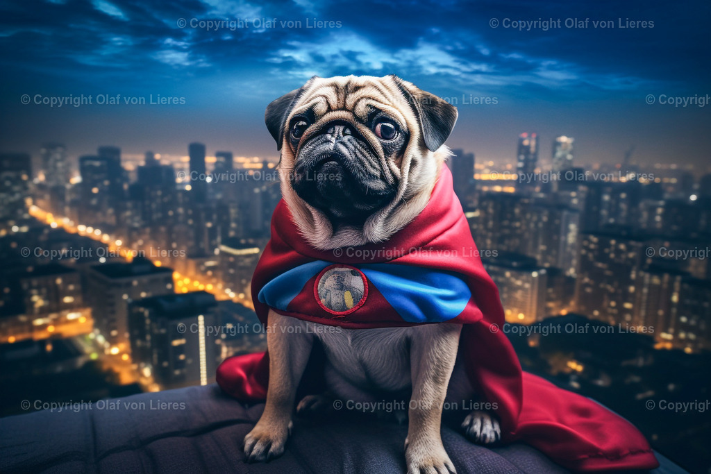 Mops mit Umhang als Superhund | Möpse als Superhelden