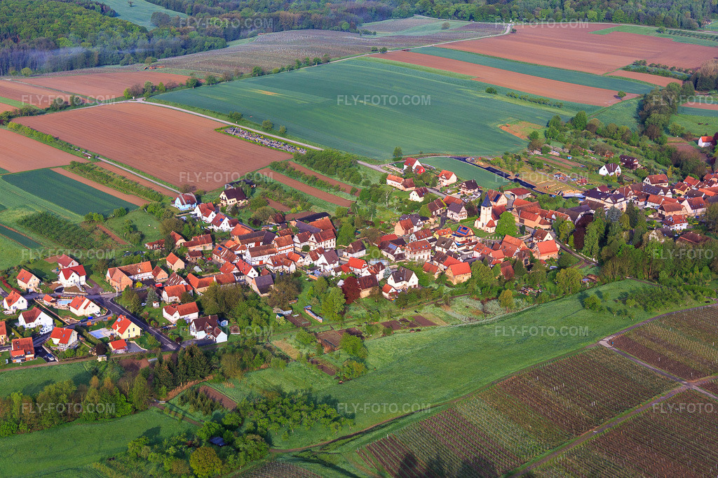 Aerial view: View of the town from the east in Cleebourg in the state Bas-Rhin, France. – Photo: IMG_113797.jpg taken on 04/29/2019 by Werner Riehm/FLY-FOTO.com – Resolution of the original: 5472 x 3648 px