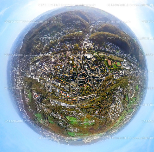 Hagen20221020_10_Haspe | Luftbild, Innenstadtansicht Stadtteil Haspe, Fisheye Aufnahme, Fischaugen Aufnahme, 360 Grad Aufnahme, Haspe, Hagen, Ruhrgebiet, Nordrhein-Westfalen, Deutschland