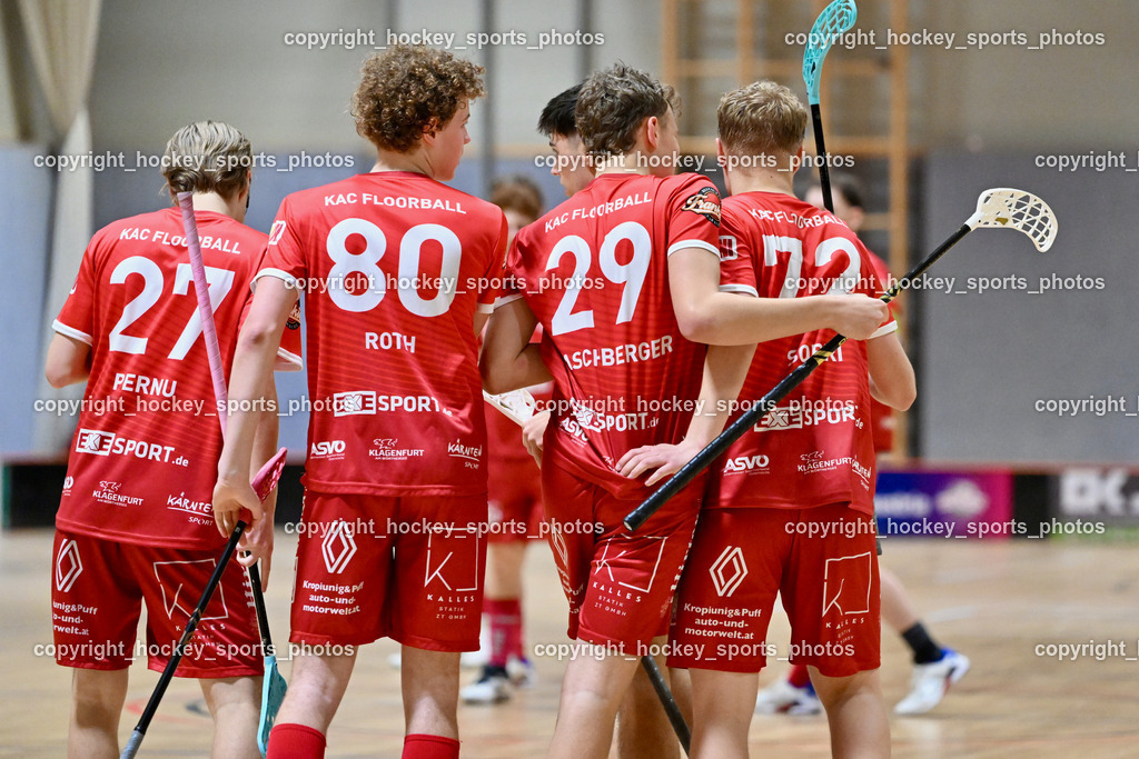 KAC Floorball vs. VSV Unihockey | Jubel KAC Floorball, #29 Anze Brajic VSV Unihockey, #27 Valtteri Pernu KAC Floorball, #80 Lino Roth KAC Floorball, #72 Arttu Sorri KAC Floorball, KAC Floorball vs. VSV Unihockey, KAC Floorball vs. VSV Unihockey am 21.03.2026 in Klagenfurt (Ballspielhalle Waidmannsdorf), Austria, (Photo by Bernd Stefan)
