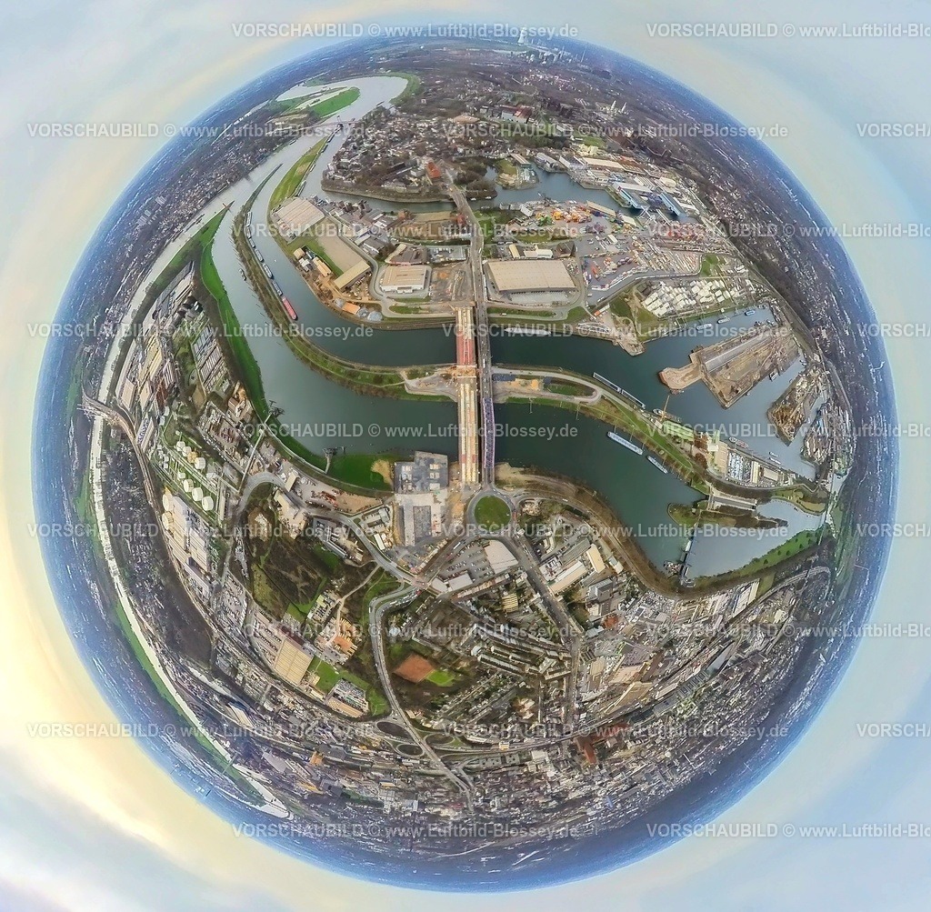 Duisburg230328_9DuisportHafen | Luftbild, Hafen Duisburg Ruhrort, Duisport, Kohleninsel, Ersatzneubau Baustelle Karl-Lehr-Brücke, Erdkugel, Fisheye Aufnahme, Fischaugen Aufnahme, 360 Grad Aufnahme, Ruhrort, Duisburg, Ruhrgebiet, Nordrhein-Westfalen, Deutschland