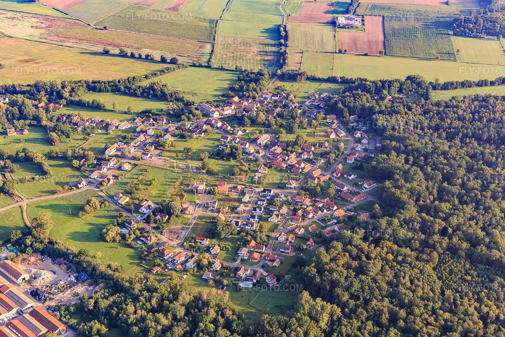 Aerial view: View of the town from the south in Biblisheim in the state Bas-Rhin, France. – Photo: IMG_138087.jpg taken on 08/19/2023 by Werner Riehm/FLY-FOTO.com – Resolution of the original: 5472 x 3648 px