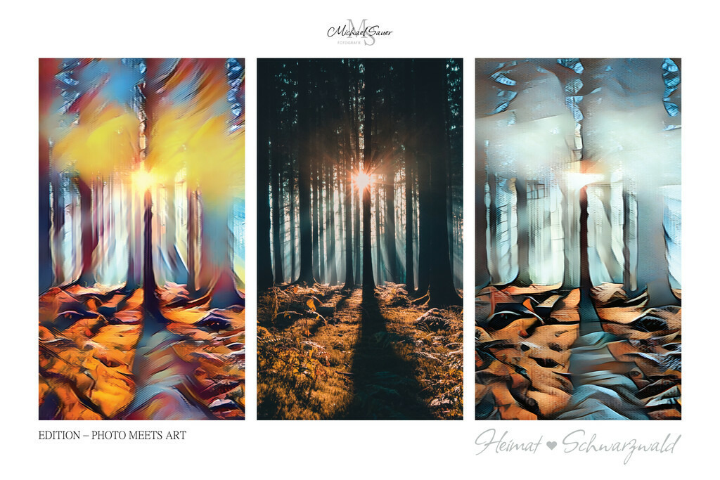 Edition “PHOTO MEETS ART” | Die Edition “PHOTO MEETS ART” ist eine außergewöhnliche Schwarzwald-Bildergalerie für alle Kunstliebhaber. Bei diesen Werken handelt es sich um exklusive Digitalkunst, bei denen mittels künstlicher Intelligenz neue Visualisierungen erschaffen wurden. Das Ergebnis ist eine 3er-Bild-Collage mit der realen Fotografie im Zentrum, flankiert von zwei unterschiedlichen Kunststilen. Natürlich ausschließlich mit Bildern aus dem Schwarzwald! - Realisiert mit Pictrs.com