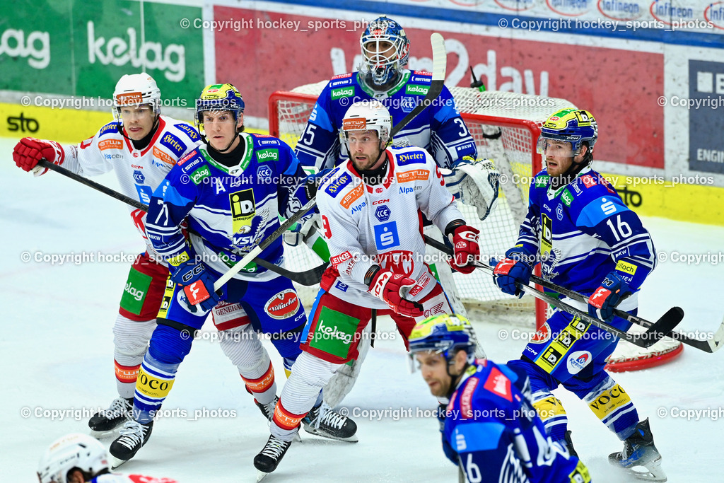 EC IDM WÄRMEPUMPEN VSV vs. EC KAC | #16 HANCOCK Kevin EC VSV, #9 Mursak Jan EC KAC, #77 LINDNER Philipp EC VSV, #90 Fraser Matthew EC KAC, #35 Cannata Joe EC VSV,EC IDM WÄRMEPUMPEN VSV vs. EC KAC, EC IDM WÄRMEPUMPEN VSV vs. EC KAC am 02.02.2025 in Villach (Stadthalle Villach), Austria, (Photo by Bernd Stefan)