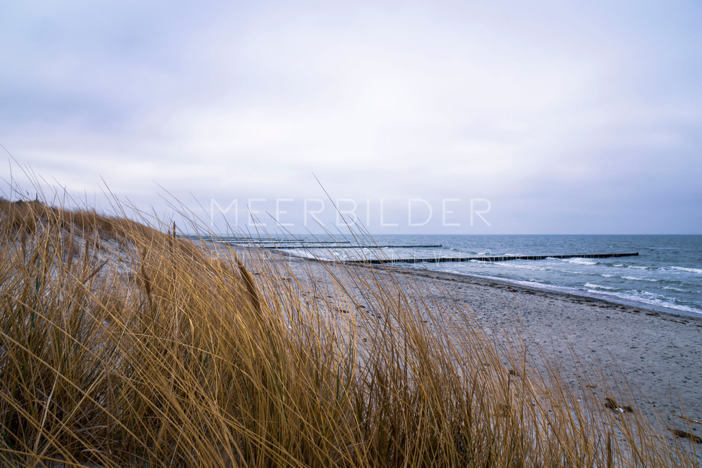 Ostseebild mit leichter Düne II | Eine zarte Mystik breitet sich aus mit diesem Anblick der Ostsee an einem regnerischen Tag. Man kann förmlich die Feuchtigkeit im vorderen Dünengras spüren, das hier noch sein Winterkleid trägt. Dieses Bild eignet sich für sämtliche unserer Druckformate.