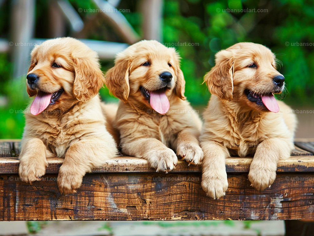 Golden Retriever Puppies Playing Around | A delightful canvas featuring three playful Golden Retriever puppies sitting together, radiating joy and companionship. Ideal for creating a warm, inviting atmosphere in any room, perfect for animal enthusiasts. - Realisiert mit Pictrs.com