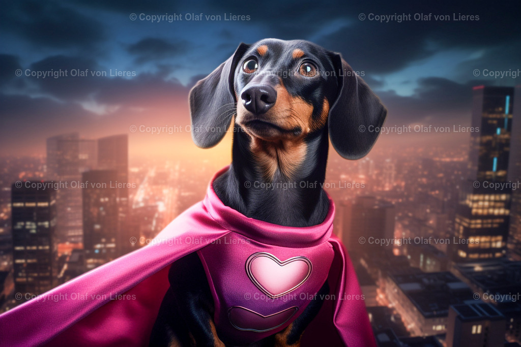 Dackel als Superheld | Dackel mit rosa Umhang
