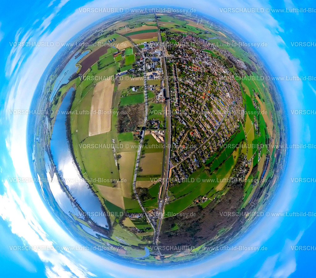 Rees240390115Haldern | Luftbild, Wohngebiet Ortsansicht Ortsteil Haldern, umgeben von Wiesen und Feldern, Rees Haldern Bahnhof Hbf, Ausbau der Betuweroute und Betuwe-Linie Eisenbahnstrecke, Erdkugel, Fisheye Aufnahme, Fischaugen Aufnahme, 360 Grad Aufnahme, tiny world, little planet, fisheye Bild, Haldern, Rees, Nordrhein-Westfalen, Deutschland