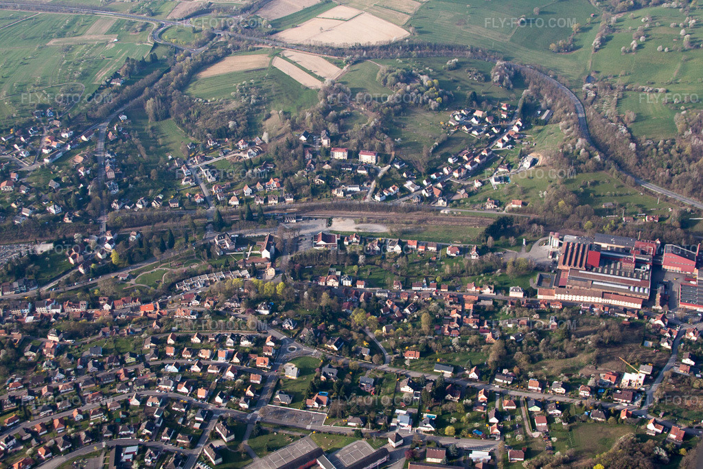 Aerial view: View of the town in Niederbronn-les-Bains in the state Bas-Rhin, France.Photo: IMG_63717.jpg taken on 03/30/2014 by Werner Riehm/FLY-FOTO.comResolution of the original: 4752 x 3168 px