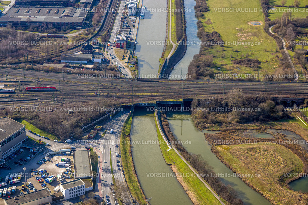 Hamm230215787 | Luftbild, Große Eisenbahnbrücke, Querung Hafenstraße, Fluss Lippe und Datteln-Hamm-Kanal, Mitte, Hamm, Ruhrgebiet, Nordrhein-Westfalen, Deutschland