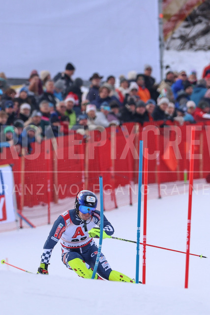 Audi FIS Ski World Cup: Men’s Slalom – Hahnenkamm Race, Kitzbuehel | Kitzbuehel, Austria, 25.Jan.26 - Alpine Skiing - FIS World Cup, Hahnenkamm Race, Slalom, men. The image shows ZUBCIC Filip (CRO, Atomic).