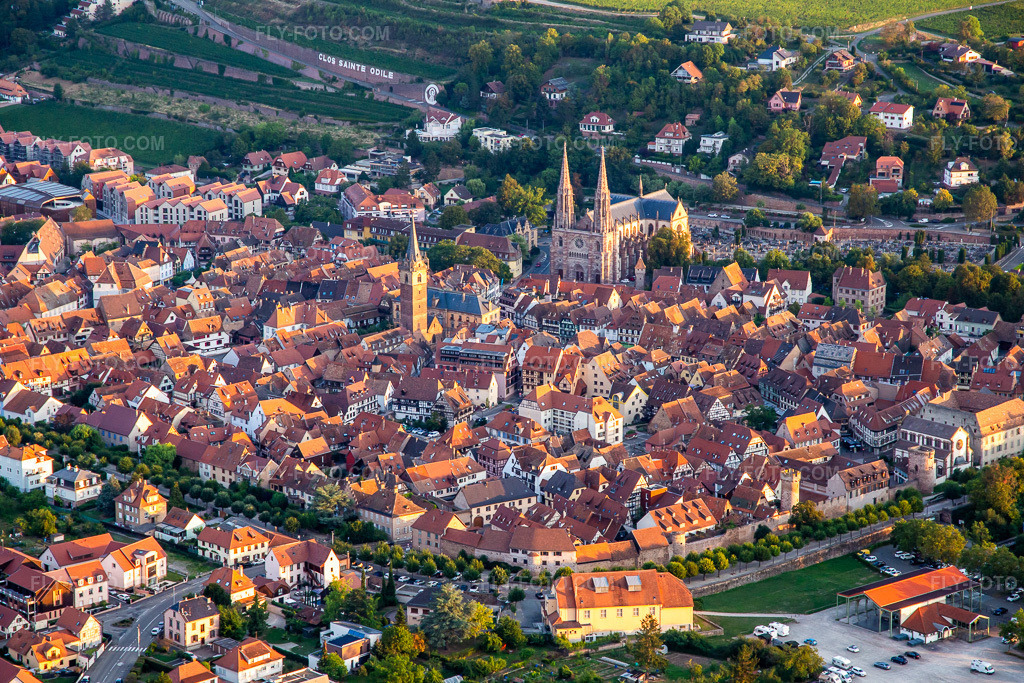 Aerial view: Old Town in Obernai in the state Bas-Rhin, France. – Photo: IMG_137963.jpg taken on 08/19/2023 by Werner Riehm/FLY-FOTO.com – Resolution of the original: 5344 x 3563 px