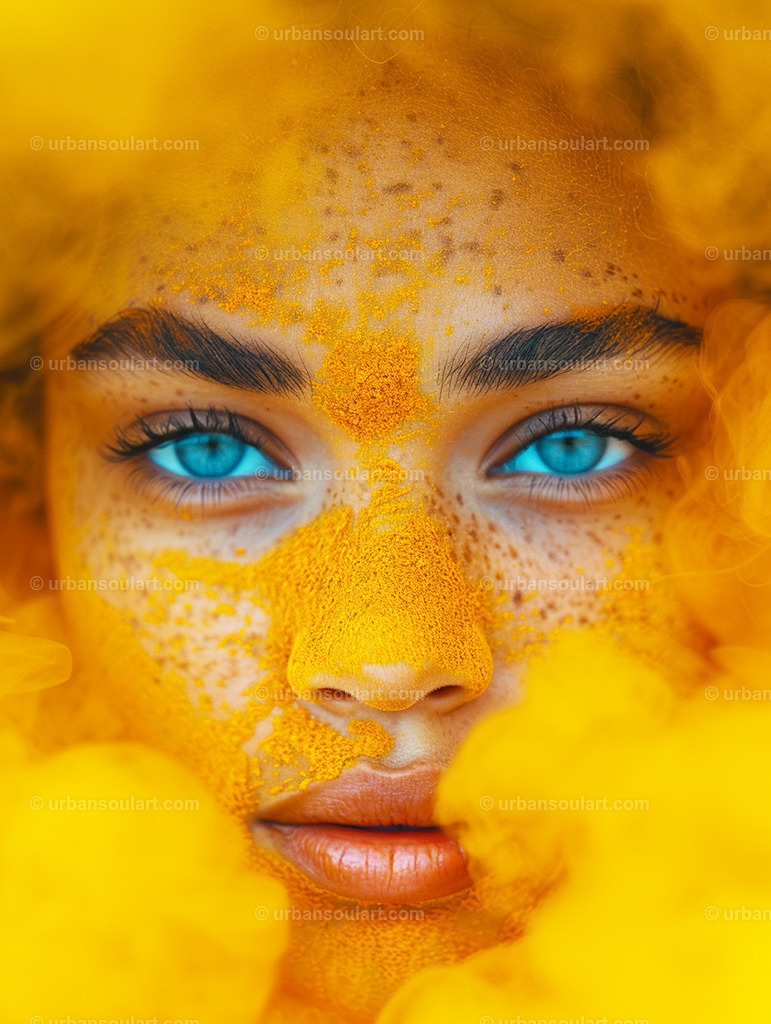 Woman Face Covered In Yellow Smoke | Bold and captivating, this artistic image features a woman’s face enveloped in vibrant yellow smoke, highlighting her intense blue eyes. The striking color contrast creates a visually compelling piece, perfect for modern interiors seeking a touch of drama and intrigue. - Realisiert mit Pictrs.com