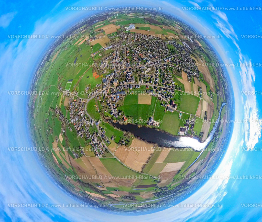 Rees240390116Millingen | Luftbild, Bienener Altrhein, Millinger und Hurler Meer Landschaftsschutzgebiet, Wohngebiet Ortsansicht Ortsteil Millingen, umgeben von Wiesen und Feldern, Erdkugel, Fisheye Aufnahme, Fischaugen Aufnahme, 360 Grad Aufnahme, tiny world, little planet, fisheye Bild, Millingen, Rees, Nordrhein-Westfalen, Deutschland