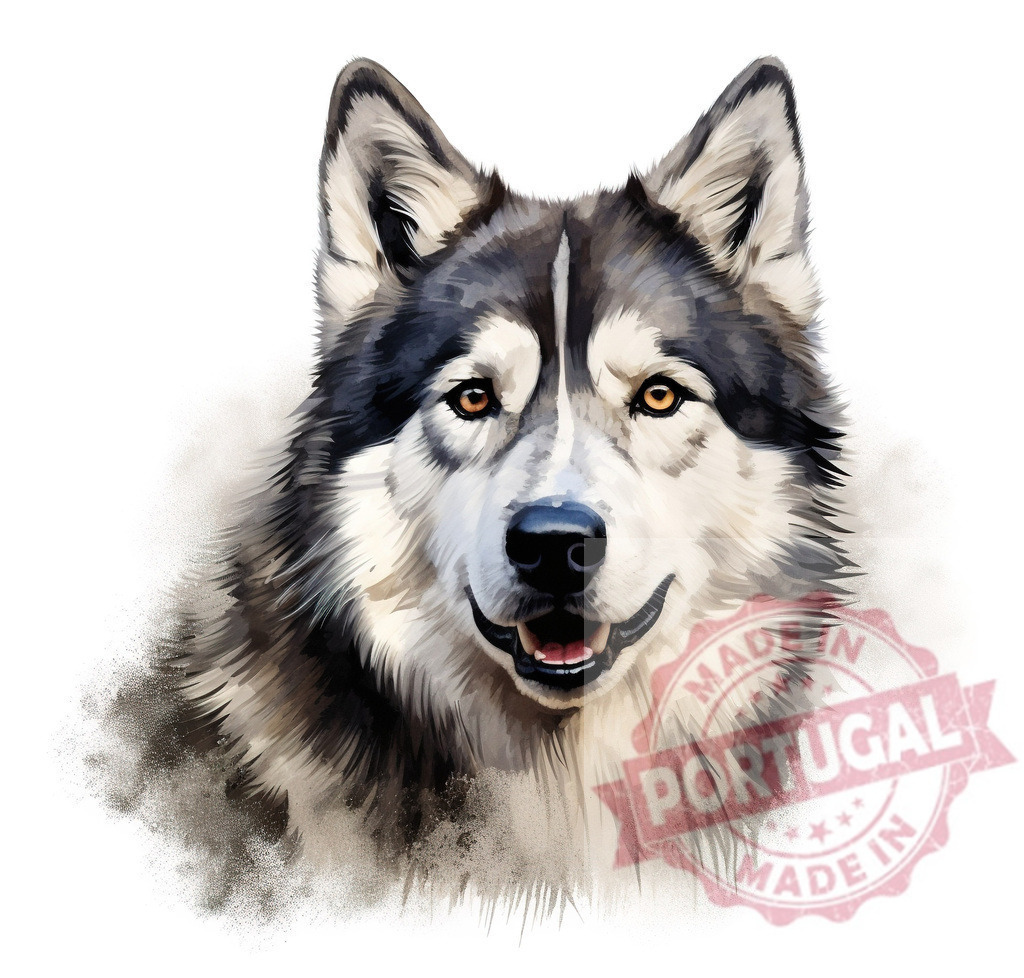 Husky dog head watercolor portrait illustration on white | Professional artful dog portraits Husky dog facing front with open mouth and expressive eyes on white background - Realized with Pictrs.com