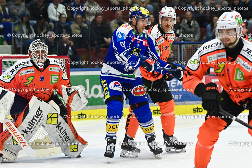 EC IDM WÄRMEPUMPEN VSV vs. MOSER MEDICAL GRAZ99ERS | #33 Maxime Lagacé Graz 99ers, #91 Nick Hutchison EC VSV, #4 Korbinian Holzer Graz 99ers, EC IDM WÄRMEPUMPEN VSV vs. MOSER MEDICAL GRAZ99ERS, EC IDM WÄRMEPUMPEN VSV vs. MOSER MEDICAL GRAZ99ERS am 12.03.2026 in Villach (Stadthalle Villach), Austria, (Photo by Bernd Stefan)