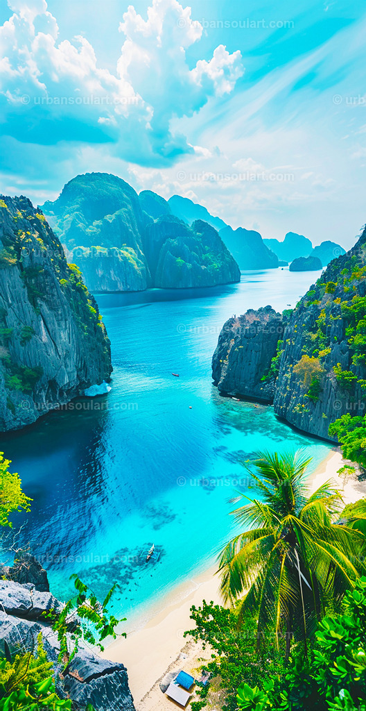 Tropical Island Lagoon Surrounded By Rocks | This breathtaking scene of a tropical lagoon surrounded by rocky cliffs and lush greenery transports you to paradise. Ideal for adding a serene and exotic touch to any space in need of an escape. - Realisiert mit Pictrs.com