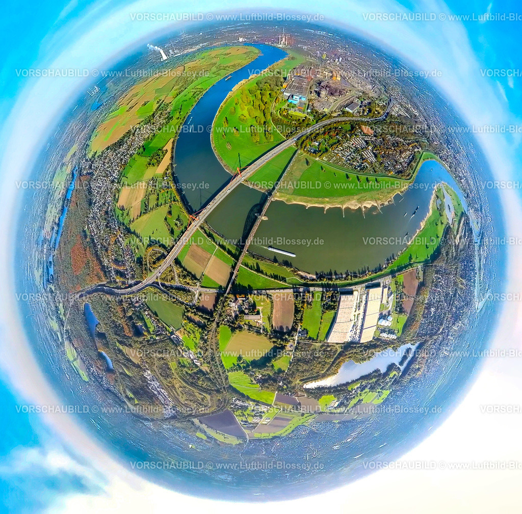 Duisburg20221006_1Beeckerwerth1 | Luftbild, Kreuz Duisburg-Baerl, Autobahnbrücke A42 Beekerwerth, Haus-Knipp-Eisenbahnbrücke, Fluss Rhein, Fisheye Aufnahme, Fischaugen Aufnahme, 360 Grad Aufnahme, Beeckerwerth, Duisburg, Fisheyeaufnahme, Ruhrgebiet, Nordrhein-Westfalen, Deutschland