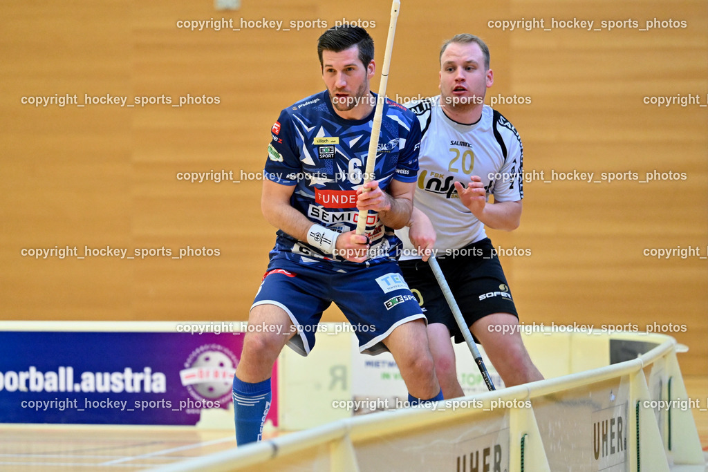 FBK Loka vs. VSV Unihockey | #6 Timo Schmid VSV Unihockey, #20 Luka Podobnik FBK Loka, FBK Loka vs. VSV Unihockey, FBK Loka vs. VSV Unihockey am 23.03.2025 in Villach (Ballspielhalle St. Martin), Austria, (Photo by Bernd Stefan)