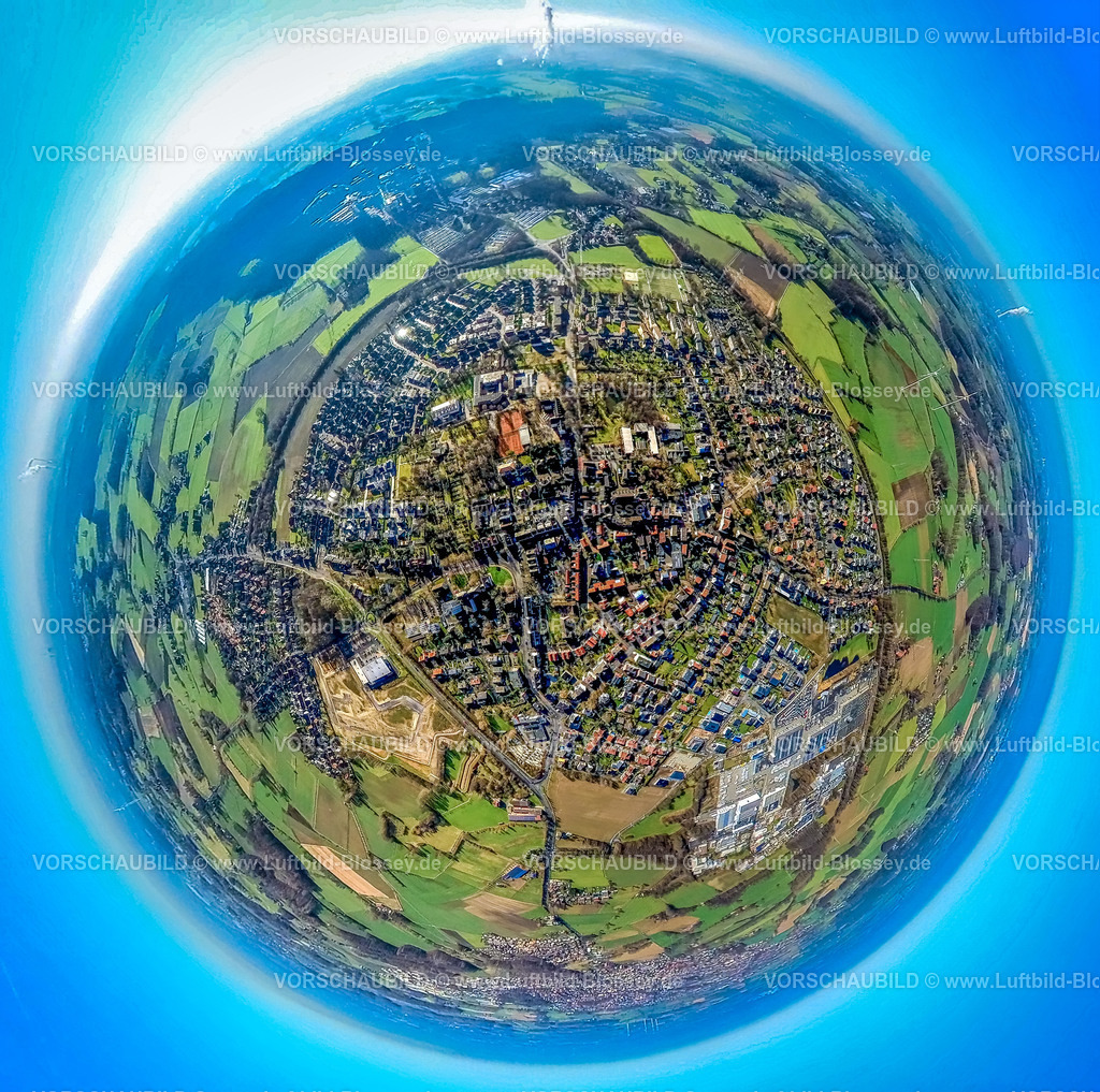 Selm230290014_Bork_Mitte-2 | Luftbild, Ortsansicht Bork Mitte, Erdkugel, Fisheye Aufnahme, Fischaugen Aufnahme, 360 Grad Aufnahme, Bork, Selm, Münsterland, Nordrhein-Westfalen, Deutschland