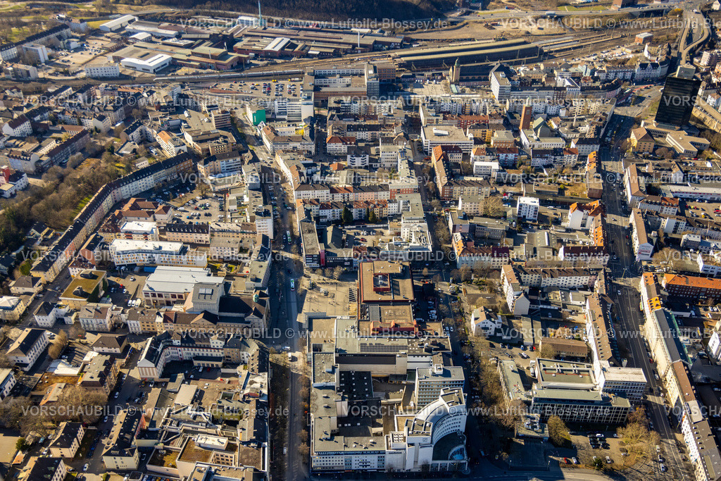 Hagen250302398 | Luftbild, Hbf Hauptbahnhof und City Ansicht mit Bahnhofstraße, Mittelstadt, Hagen, Ruhrgebiet, Nordrhein-Westfalen, Deutschland
