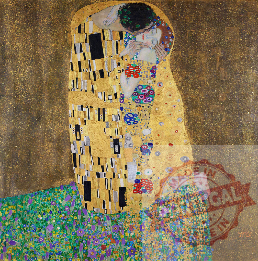 Gustav Klimt, The Kiss, Art Nouveau iconic painting. Gustav Klimt | Lovers embracing on a floral bed, creating an intimate and harmonious scene - Realisiert mit Pictrs.com