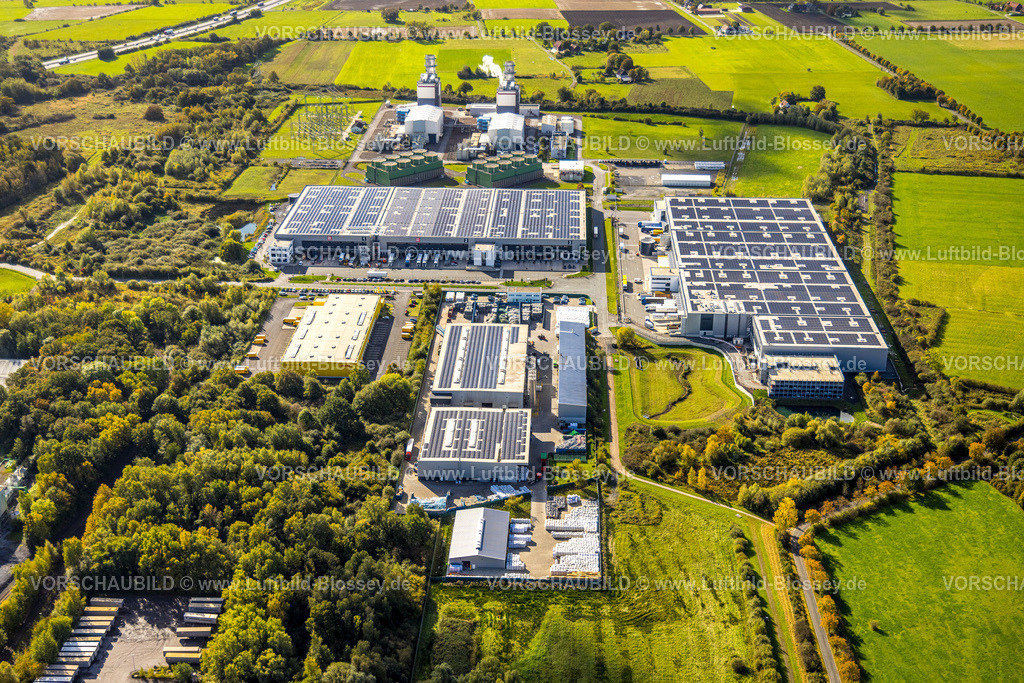 Hamm241008114 | Luftbild, Gewerbegebiet Trianelstraße, Picnic Logistik und Arvato Logistikdienst, Solardach, Deutsche Post DHL Zustellzentrum Hamm, Reiling Kunststoff Recycling GmbH, Trianel Gaskraftwerk Hamm GmbH, Uentrop, Hamm, Ruhrgebiet, Nordrhein-Westfalen, Deutschland