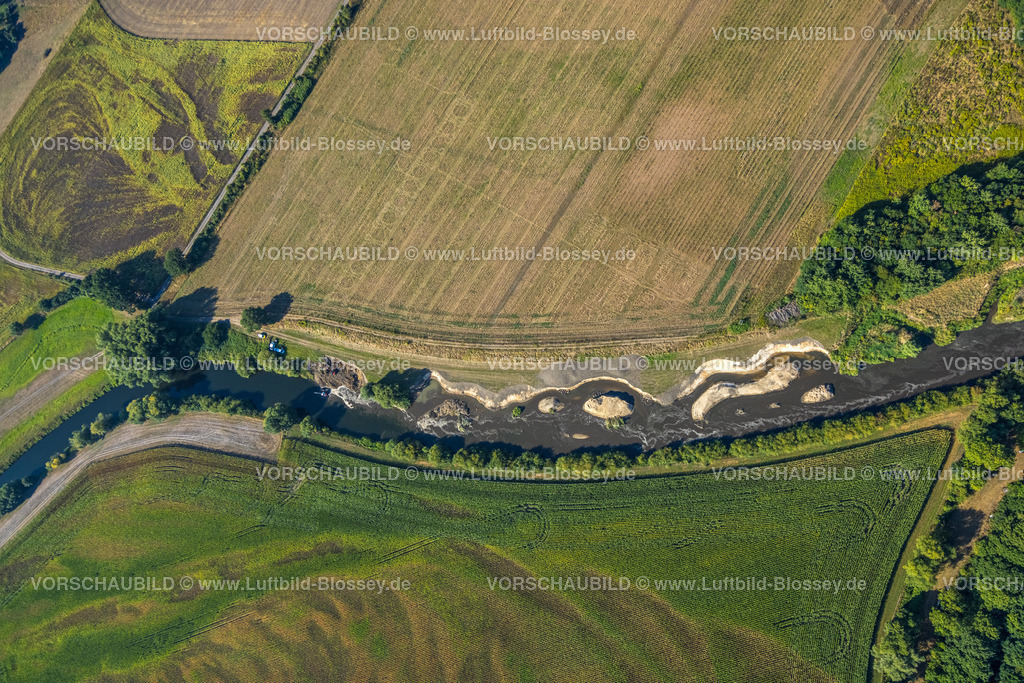 Olfen220806025Lippe | Luftbild, Fluss- und Auenentwicklung der Lippe Vogelsang, Renaturierung, Sandbänke, Fluss Lippe Gleitsohle, Bagger mit Bauarbeiten, Bach fließt in den Fluss, Stadtgrenze Olfen-Datteln, Pelkum, Datteln, Ruhrgebiet, Nordrhein-Westfalen, Deutschland