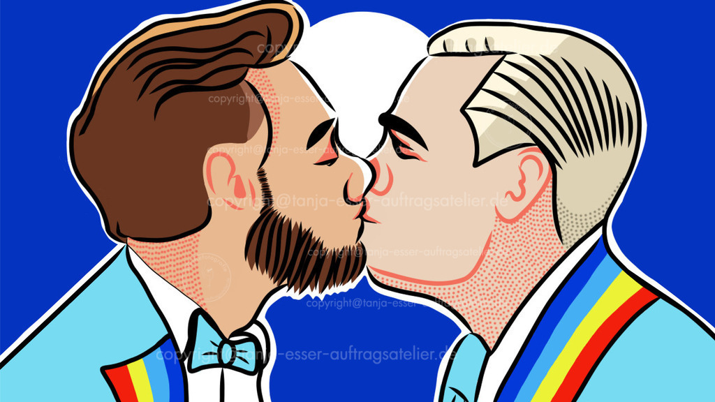 Schwules Paar dunkel D | Illustration von zwei Männern, die sich küssen. Beide tragen einen Anzug. Am Revers haben sie Regenbogenfarben für die LGBT Bewegung. Illustration im Pop Art Retro Design.