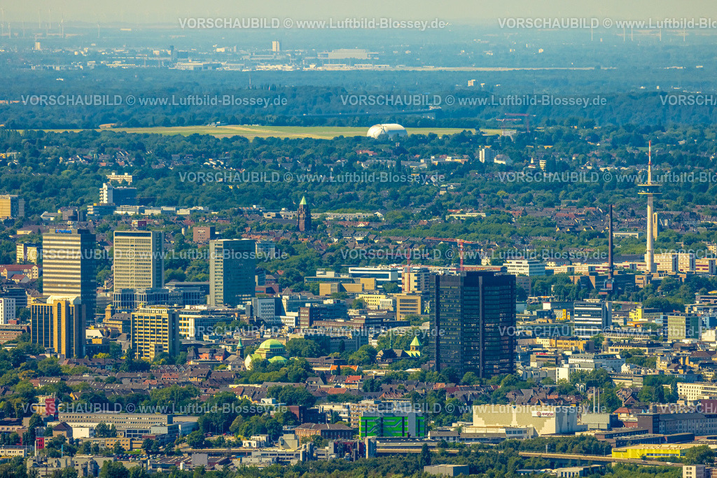 Essen230702432 | Luftbild, Skyline City mit Rathaus Stadt Essen und Fernsehturm, Stadtkern, Essen, Ruhrgebiet, Nordrhein-Westfalen, Deutschland