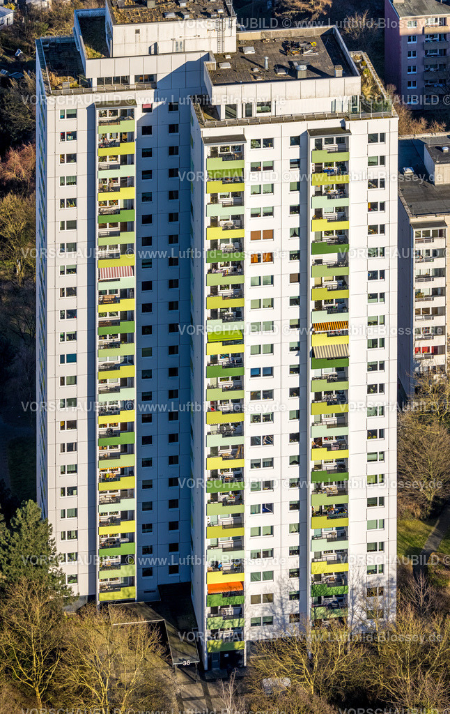 Hagen250303174 | Luftbild, Hochhaus Wohnsiedlung Pappelstraße mit farbigen Balkonen, Formen und Farben, Boele, Hagen, Ruhrgebiet, Nordrhein-Westfalen, Deutschland