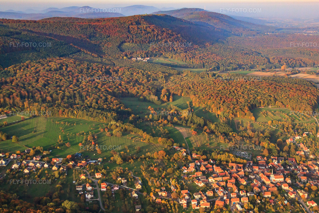 Aerial view: Rte de Pfaffenschlick in Lampertsloch in the state Bas-Rhin, France.Photo: IMG_54229.jpg taken on 10/21/2012 by Werner Riehm/FLY-FOTO.comResolution of the original: 4270 x 2847 px