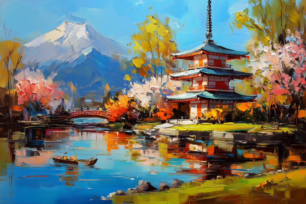 2512006 - Berg Fuji und Pagode Gemälde | Berg Fuji Gemälde als hochwertiger Kunstdruck,