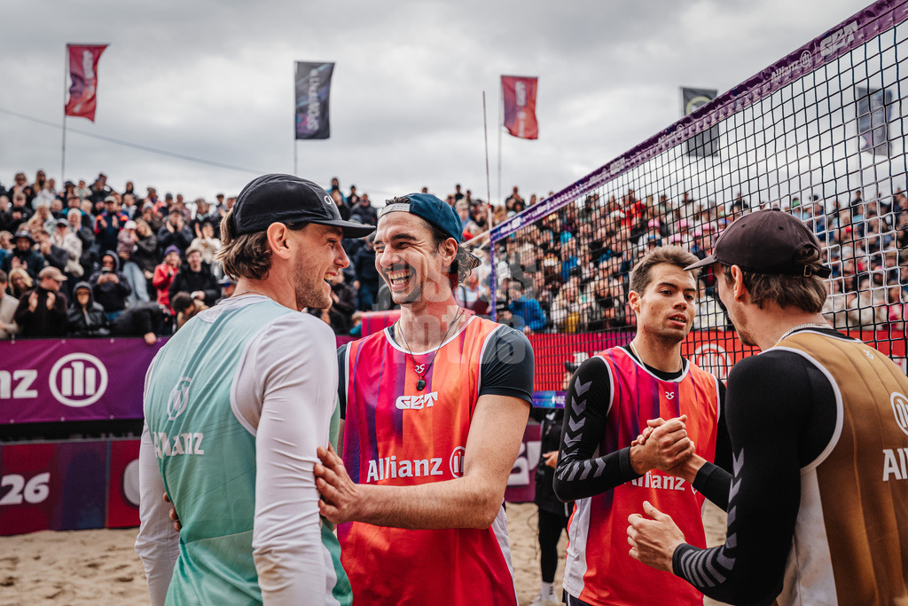 Beachvolleyball | Männer | Allianz German Beach Tour 2026 | Tourstop Düsseldorf | 17.05.2026 | v.l. Paul Henning, Jannik Kühlborn, Yannick Bibelriether und Lukas Pfretzschner