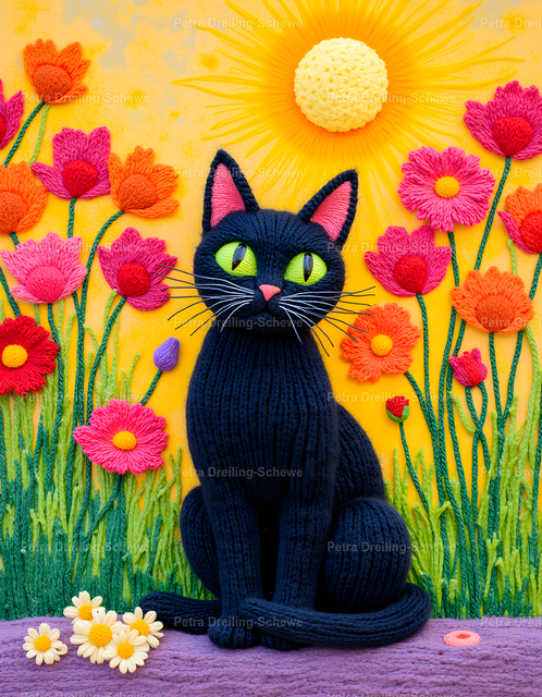 Stiched Black Cat | Black cat with green eyes, sitting in a garden. Stiched optic.  - Realisiert mit Pictrs.com