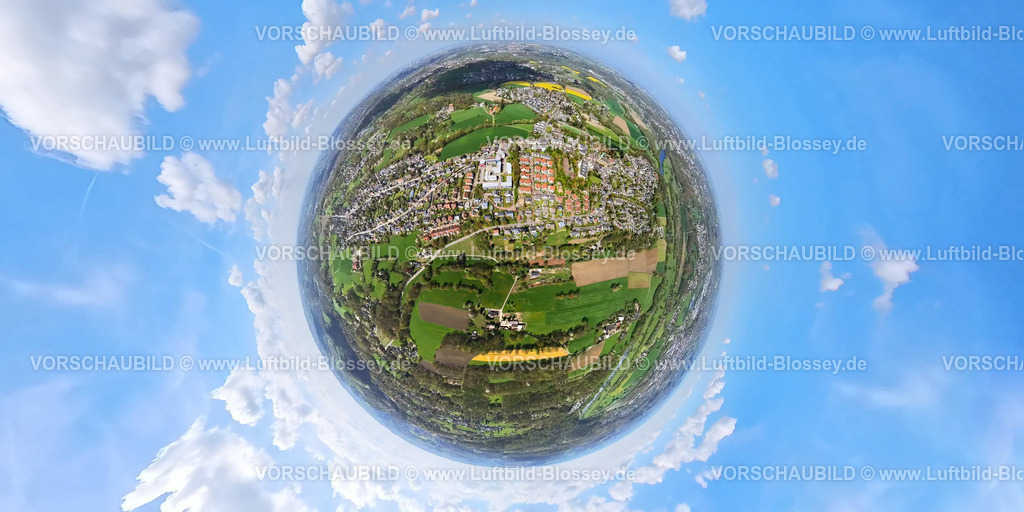Hattingen230490825Niederwenigern | Luftbild, Ortsansicht Niederwenigern, Altenzentrum Heidehof, Wohnsiedlung Uhlenkotten (rote Dächer) Wohnen und Leben, Erdkugel, Fisheye Aufnahme, Fischaugen Aufnahme, 360 Grad Aufnahme, Niederwenigern, Hattingen, Ruhrgebiet, Nordrhein-Westfalen, Deutschland