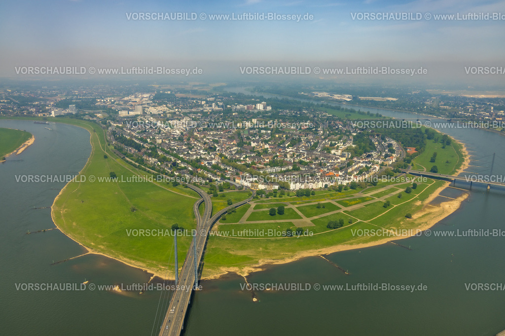 Duesseldorf240500890 | Luftbild, Fluss Rhein und Rheinaue, Rheinkniebrücke und rechts die Oberkasseler Brücke, Wohngebiet Ortsteil Oberkassel, Oberkassel, Düsseldorf, Rheinland, Nordrhein-Westfalen, Deutschland
