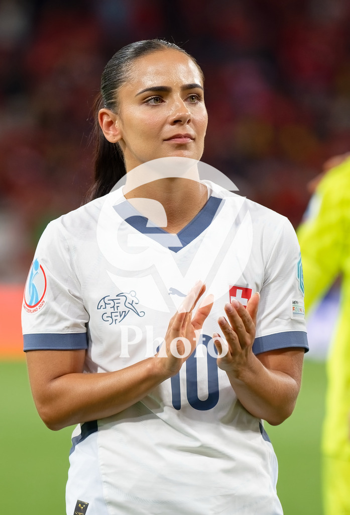 Spain v Switzerland - UEFA Women's EURO 2025 Quarter-Final | BERN, SWITZERLAND - JULY 18: Meriame Terchoun of Switzerland thanks the fans during the UEFA Women's EURO 2025 Quarter-Final match between Spain v Switzerland at Stadion Wankdorf on July 18, 2025 in Bern, Switzerland. (Photo by Giuseppe Velletri/Sports Press Photo/Getty Images)