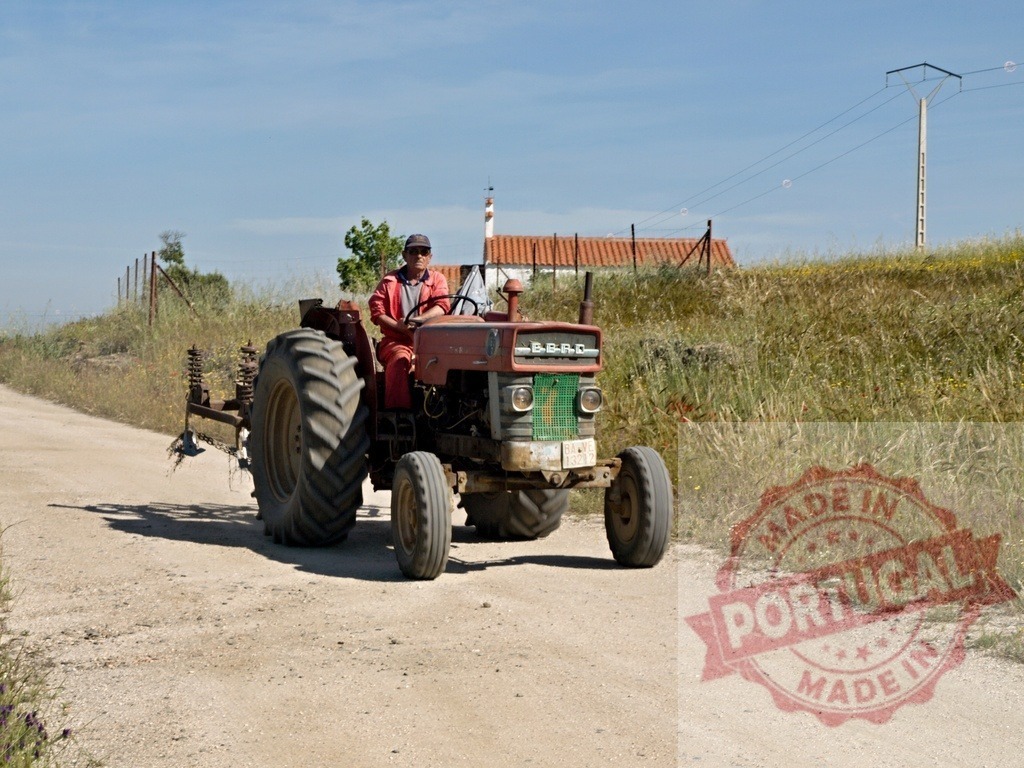 Farmer driving vintage EBRO tractor on dirt road | Farmer in workwear driving an old EBRO tractor on a rural road - Realisiert mit Pictrs.com
