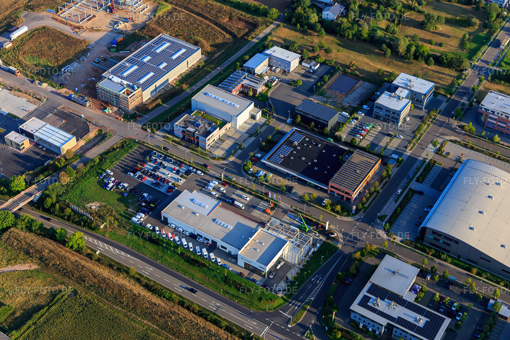 Luftbild: Gewerbegebiet Otto-Hahn-Straße mit Fischer Kraftfahrzeuge GmbH & Auto Fischer GmbH, BAK Bildungszentren / Meisterwerk Gesundheit GmbH im Ortsteil Queichheim in Landau im Bundesland Rheinland-Pfalz in Deutschland. Foto: IMG_103233.jpg vom 03.09.2017 durch Werner Riehm/FLY-FOTO.deWWW.BAK-BILDUNGSZENTREN.DE