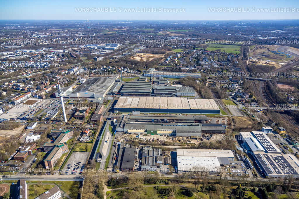 Bochum250301712 | Luftbild, ThyssenKrupp Steel Europe AG, links Deutsche Telekom Gelände mit Baustelle und Fernmeldeturm, Grumme, Bochum, Ruhrgebiet, Nordrhein-Westfalen, Deutschland
