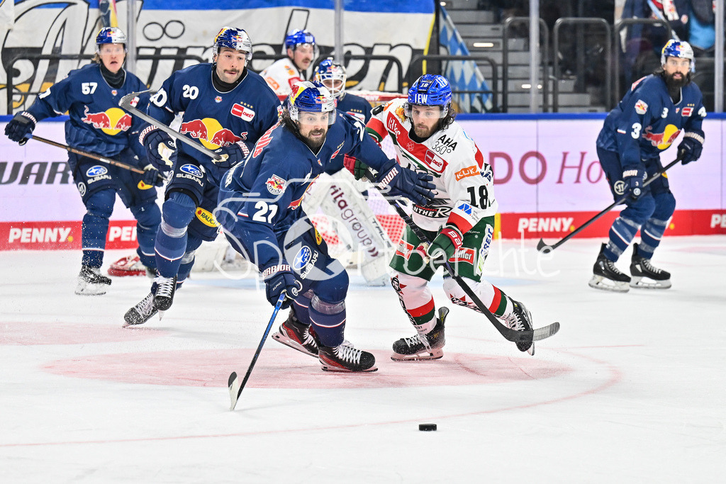 EHC RB München - Augsburger Panther | im Duell Nicolas KRAEMMER (EHC RB Muenchen 21) und Anthony LOUIS (Augsburger Panther #18) / Zweikampf / DEL: EHC RB Muenchen - Augsburger Panther, SAP Garden am 23.11.2024