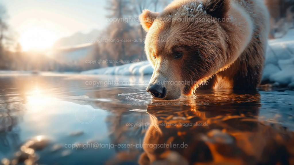 Baer trinkt im Winterwald D | KI Illustration zeigt: Braunbär Ursus arctos trinkt aus einem Fluss. Im Winter liegt Schnee und die Sonne scheint in der Naturlandschaft. Bär hat Schnee im Fell. Unscharfer Hintergrund mit Copy Space. 