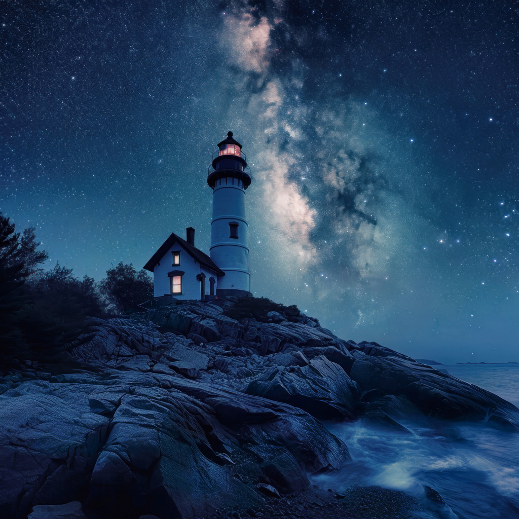 10240124 - Leuchtturm bei Nacht | Ein Leuchtturm bei Nacht vor einem faszinierenden Sternenhimmel im Stil einer Fotografie.